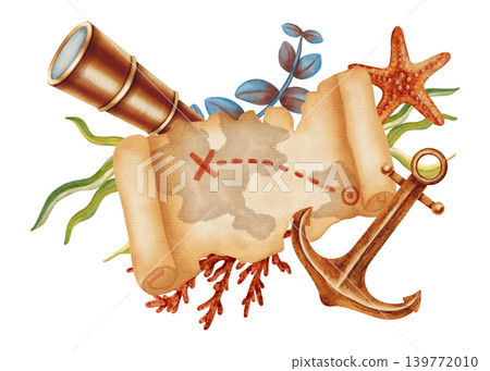 Watercolor illustration of marine composition with old treasure map, wooden ship wheel, anchor, telescope. Children's, nautical, travel themes. Suitable for design, prints, postcards, sea travel  139772010