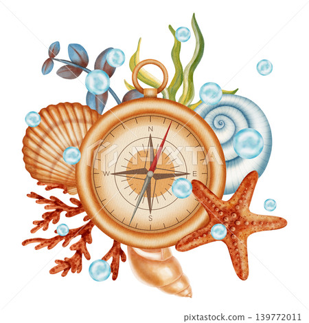 A watercolor illustration depicting a vintage compass surrounded by seashells, coral, starfish, and blue bubbles. Suitable for children, marine, and travel themes. Suitable for design, prints, postcar 139772011