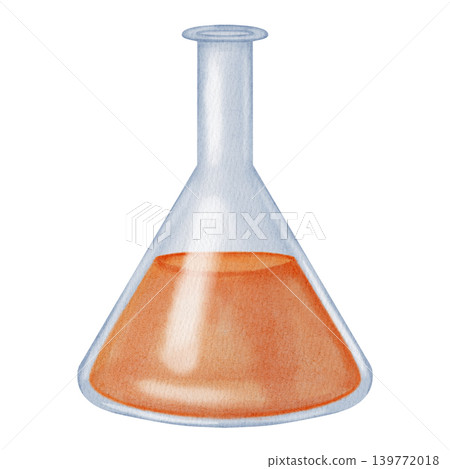 Watercolor illustration of an Erlenmeyer flask containing orange liquid. Chemistry. Science. Perfect for educational banners, fall posters, back to school promotions, children textbooks Watercolor illustration of an Erlenmeyer flask containing orange liquid. Chemistry. Science. Perfect for educational banners, fall posters, back to school promotions, children textbooks 139772018