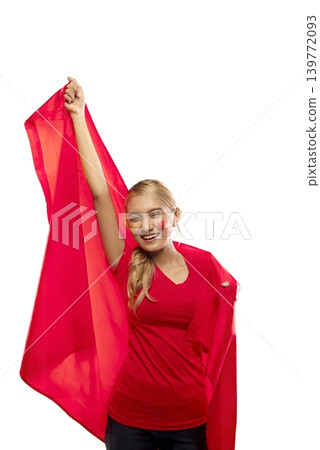 A happy young Indonesian southeast asian woman with red face paint holding a large blank red banner, isolated on white. Ideal for sports fans, national holidays, or advertising templates 139772093