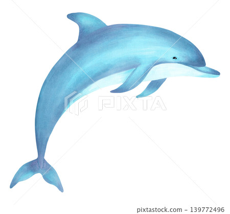 Adorable watercolor illustration sea animal dolphin character for children. International Dolphin Day. Hand-drawn underwater cartoon animal for baby shower invitations. Clip art for nursery wall art. 139772496