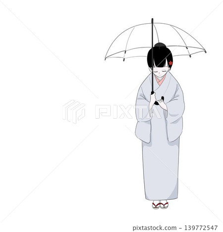 一位身穿和服的女子撐著傘鞠躬。 139772547