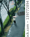 在一個下雨的早晨，一位撐著粉紅色雨傘的女子走向車站。 139772894