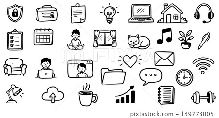 Hand Drawn Work From Home and Productivity Doodle Icon Set. Hand Drawn Work From Home and Productivity Doodle Icon Set. 139773005