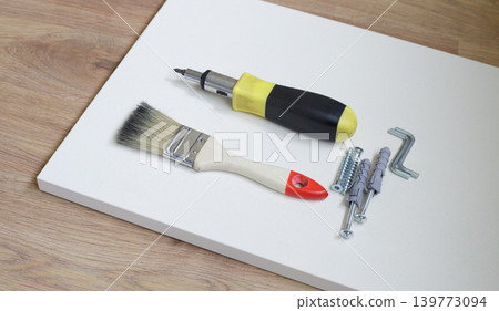 Screwdriver paint brush screws with plastic dowels and hex key on white furniture board assembly components flat lay close up Screwdriver paint brush screws with plastic dowels and hex key on white furniture board assembly components flat lay close up 139773094