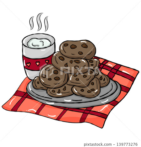 Hand draw cozy sweet food illustration featuring cookie stack and steaming cup on plaid cloth 139773276