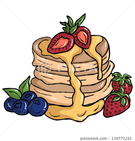 Hand draw cozy sweet food illustration of pancake with syrup and berry topping Hand draw cozy sweet food illustration of pancake with syrup and berry topping 139773281