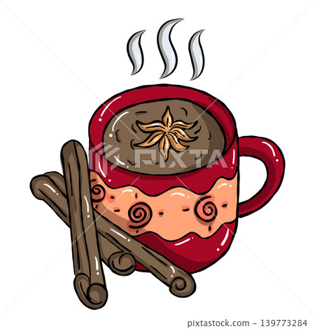 Hand draw cozy sweet food illustration hot chocolate mug with cinnamon steam 139773284