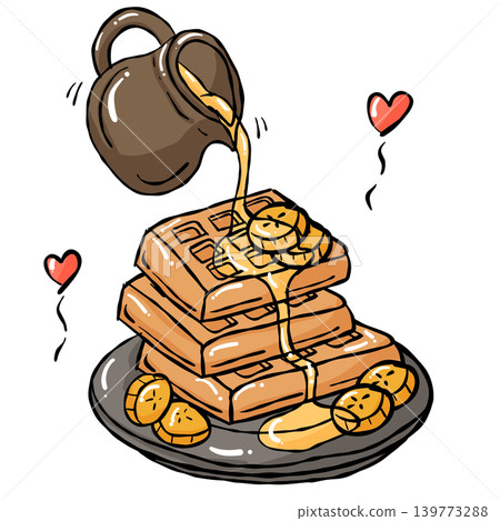 Waffle syrup banana plate hand draw cozy sweet food illustration with honey drizzle and heart Waffle syrup banana plate hand draw cozy sweet food illustration with honey drizzle and heart 139773288