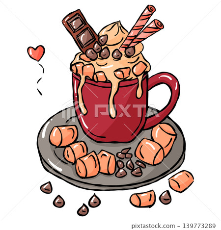 Hand draw cozy sweet food illustration of hot chocolate mug with marshmallow and wafer 139773289