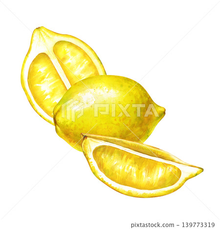 Watercolor lemon fruit composition with whole lemon, half and slice botanical illustration on isolated background Watercolor lemon fruit composition with whole lemon, half and slice botanical illustration on isolated background 139773319