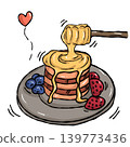 Cozy Sweet food illustration Hand draw honey pancake stack with blueberry and strawberry chocolate chips doodle line 139773436