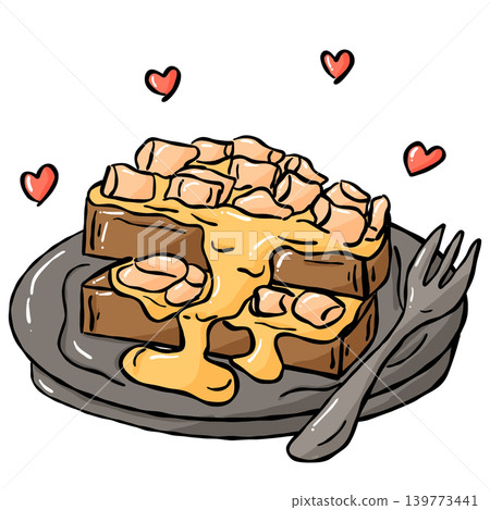 Cozy Sweet food illustration, Hand draw waffle dessert with marshmallows doodle line Cozy Sweet food illustration, Hand draw waffle dessert with marshmallows doodle line 139773441