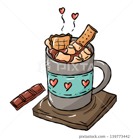 Cozy Sweet food illustration, Hand draw warm cocoa mug love marshmallows doodle line 139773442
