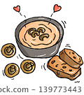 Cozy Sweet food illustration, Hand draw mushrooms soups and bread in bowls doodle line 139773443