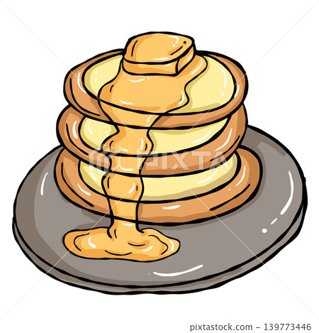 Cozy Sweet food illustration, Hand draw pancake syrup butter on plate doodle line Cozy Sweet food illustration, Hand draw pancake syrup butter on plate doodle line 139773446