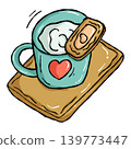 Cozy Sweet food illustration, Hand draw hot milk mug cookie doodle line 139773447