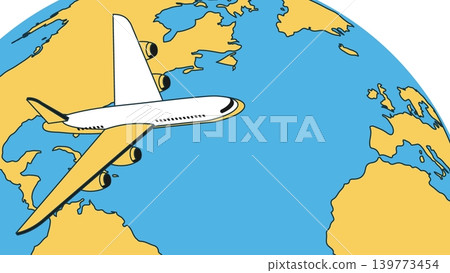 Isometric jet airliner flies over blue surface of planet Earth on an intercontinental flight over ocean. Contrast design with thin outline 3D vector isolated on white background Isometric jet airliner flies over blue surface of planet Earth on an intercontinental flight over ocean. Contrast design with thin outline 3D vector isolated on white background 139773454