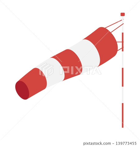 Isometric red and white striped aviation weather vane fluttering in wind, showing direction of wind. 3D cartoon vector isolated on white background Isometric red and white striped aviation weather vane fluttering in wind, showing direction of wind. 3D cartoon vector isolated on white background 139773455