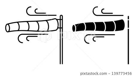 Linear icon. Striped aviation weather vane fluttering in the wind, showing the direction of the wind. Simple black and white vector symbol isolated on white background 139773456