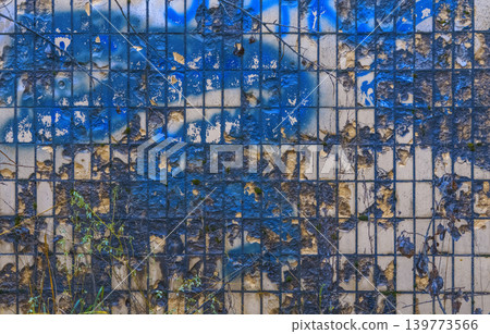 Weathered blue tiles with vine growth and stains. Chipped glaze on tile surface with plant and algae details 139773566