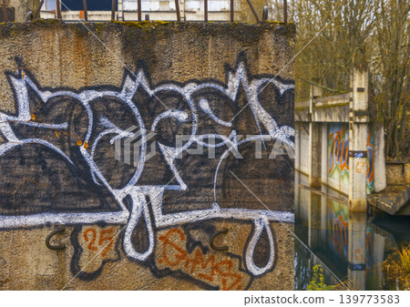 Street art with dark accents. Weathered urban surface showcasing layered graffiti and paint drips Street art with dark accents. Weathered urban surface showcasing layered graffiti and paint drips 139773583