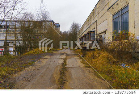 Deserted street with broken pavement. Derelict route surrounded by overgrown vegetation and debris Deserted street with broken pavement. Derelict route surrounded by overgrown vegetation and debris 139773584
