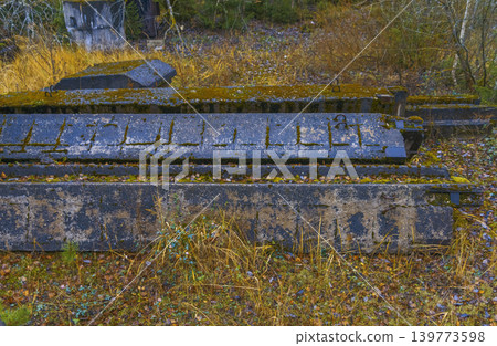 Neglected yard with rusty structures and mosscovered surfaces succumbing to natural reclamation by time Neglected yard with rusty structures and mosscovered surfaces succumbing to natural reclamation by time 139773598