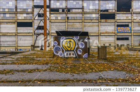 Vivid graffiti artwork embellishes forgotten utility box amid crumbling city landscape and fallen leaves Vivid graffiti artwork embellishes forgotten utility box amid crumbling city landscape and fallen leaves 139773627