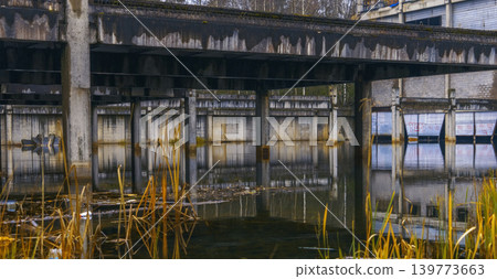 Historical columns cast their shadows in mirrorlike water with rust and algae details throughout 139773663