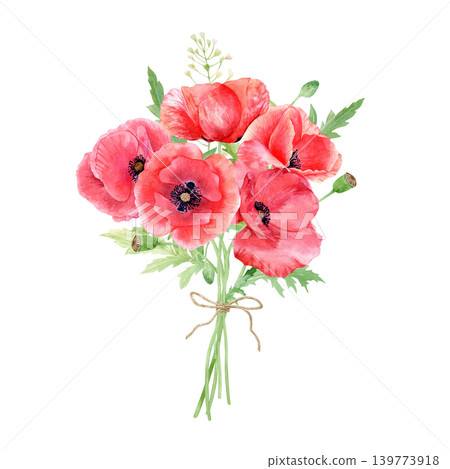 Watercolor red poppy bouquet illustration isolated on white background. Hand drawn floral composition tied with a twine bow for wedding invitations, greeting cards, and rustic stationery design. Watercolor red poppy bouquet illustration isolated on white background. Hand drawn floral composition tied with a twine bow for wedding invitations, greeting cards, and rustic stationery design. 139773918