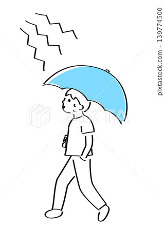 A hand-drawn illustration of a man walking with a parasol. 139774500