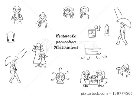 一組與預防中暑相關的線條藝術插圖。 139774505