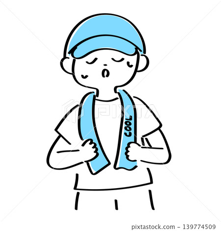 A man puts a cold towel or scarf around his neck to prevent heatstroke. 139774509