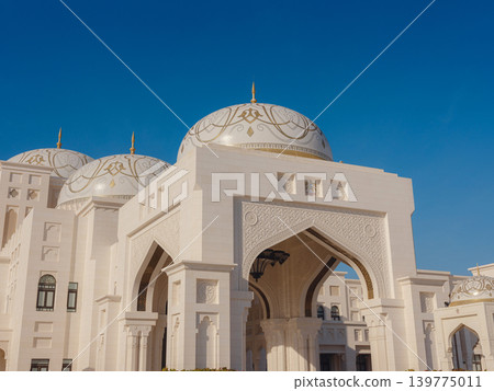 Abu Dhabi, UAE January 15, 2024 Qasr Al Watan s exterior entrance during the sunset. Abu Dhabi, UAE January 15, 2024 Qasr Al Watan s exterior entrance during the sunset. 139775011