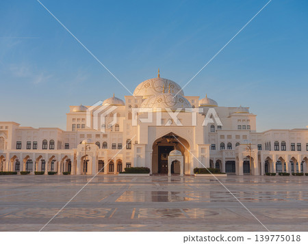 Abu Dhabi, UAE January 15, 2024 Qasr Al Watan s exterior entrance during the sunset. Abu Dhabi, UAE January 15, 2024 Qasr Al Watan s exterior entrance during the sunset. 139775018