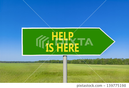 Help is here and support words symbol. Concept words Help is here on beautiful green road sign. Beautiful blue sky green field background. Business help is here and support concept. Copy space. Help is here and support words symbol. Concept words Help is here on beautiful green road sign. Beautiful blue sky green field background. Business help is here and support concept. Copy space. 139775198