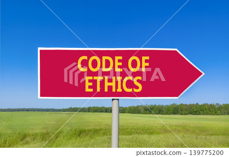 Code of ethics words symbol. Concept words Code of ethics on beautiful red road sign. Beautiful blue sky green field background. Business Code of ethics concept. Copy space. Code of ethics words symbol. Concept words Code of ethics on beautiful red road sign. Beautiful blue sky green field background. Business Code of ethics concept. Copy space. 139775200