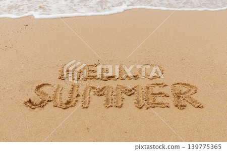 Hello summer words concept. Concept word Hello summer written on beautiful Red sea sand beach. Beautiful Red sea ocean sand beach background, copy space. Business travel Hello summer concept. Hello summer words concept. Concept word Hello summer written on beautiful Red sea sand beach. Beautiful Red sea ocean sand beach background, copy space. Business travel Hello summer concept. 139775365
