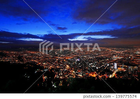 A breathtaking panoramic view of Bogotá, the capital of Colombia, at night, where roads of light intersect in the metropolis. A breathtaking panoramic view of Bogotá, the capital of Colombia, at night, where roads of light intersect in the metropolis. 139775574