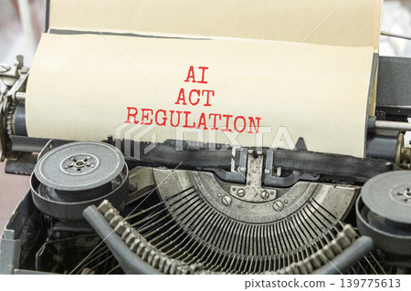 AI act regulation words symbol. Concept words AI artificial intelligence act regulation typed on beautiful old typewriter. Beautiful white background. Business AI act regulation concept. Copy space. 139775613
