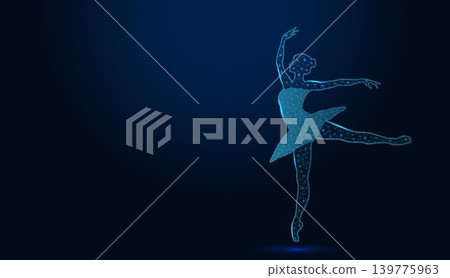 Low poly wireframe ballerina dancing on dark blue background. Low poly wireframe ballerina dancing on dark blue background. 139775963