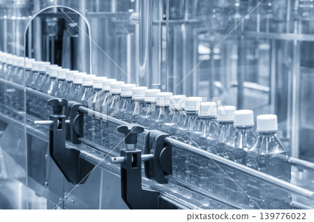 Automated mass production line of drinking water with a row of clear plastic PET bottles on a conveyor belt. Automated mass production line of drinking water with a row of clear plastic PET bottles on a conveyor belt. 139776022