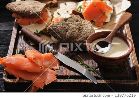 Finnish reikaleipa sandwich with salmon and cheese Finnish reikaleipa sandwich with salmon and cheese 139776219