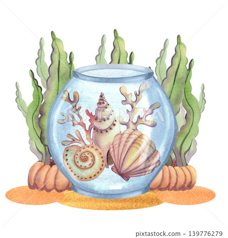 Glass round aquarium with seashells and starfish surrounded by algae, isolated. Hand-drawn watercolor illustration of underwater plants in green and blue for card design and prints. Glass round aquarium with seashells and starfish surrounded by algae, isolated. Hand-drawn watercolor illustration of underwater plants in green and blue for card design and prints. 139776279