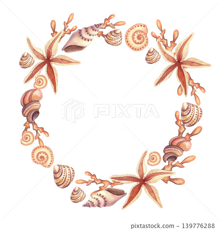Watercolor frame with seashells and starfish. Wreath with underwater plants and shellfish in brown and orange colors. Hand-drawn illustration for card design, prints. Watercolor frame with seashells and starfish. Wreath with underwater plants and shellfish in brown and orange colors. Hand-drawn illustration for card design, prints. 139776288
