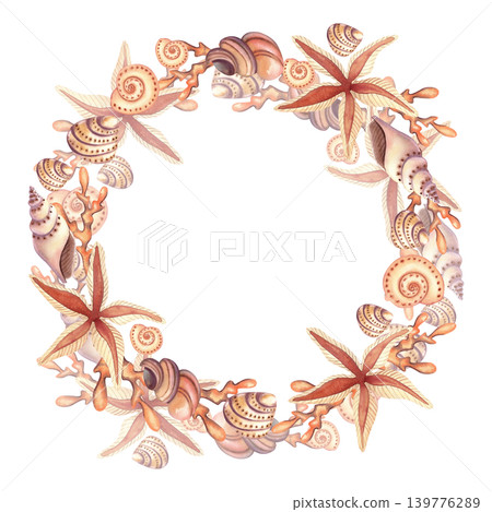Watercolor frame with seashells and starfish, isolated. Wreath with underwater plants and shellfish in brown and orange colors. Hand-drawn illustration for card design, prints. 139776289