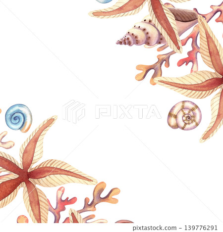 Watercolor square frame with seashell spirals and starfish, isolated. Hand-drawn illustration of underwater plants and mollusks in brown and orange colors for card design, prints Watercolor square frame with seashell spirals and starfish, isolated. Hand-drawn illustration of underwater plants and mollusks in brown and orange colors for card design, prints 139776291