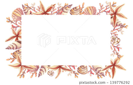 Watercolor rectangular frame with seashell spirals and stars, isolated. Hand-drawn illustration of underwater plants and mollusks in brown and orange colors for card design, prints 139776292