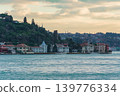 Bosphorus Waterfront Homes Beneath Cloudy Evening Sky in Istanbul, Turkey. 139776334